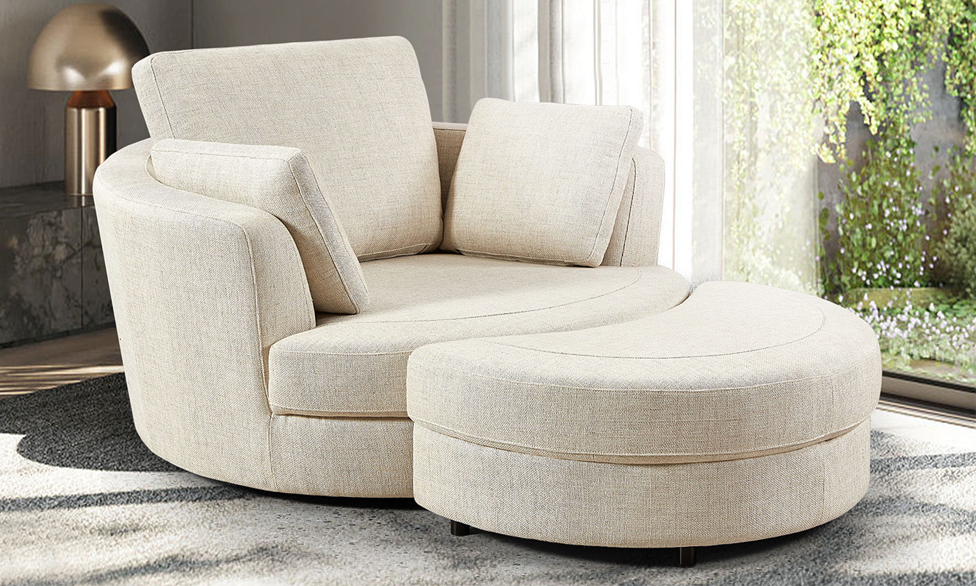 Fauteuil / chauffeuse avec repose pied demi-lune tissu blanc.